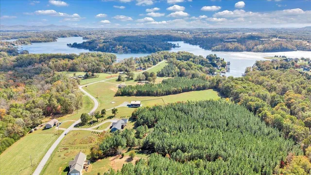 a view of a lake in middle of the town