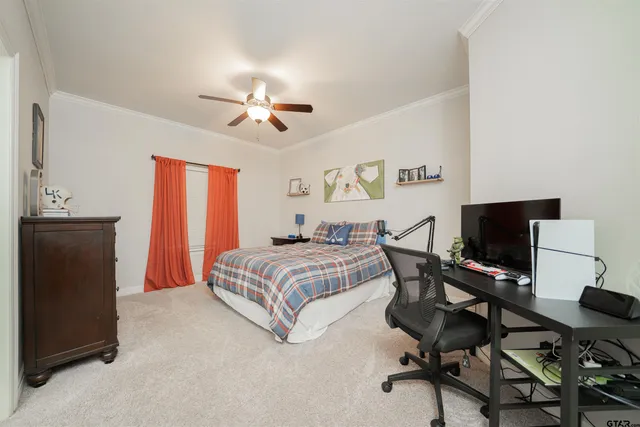 a bedroom with a bed and a desk