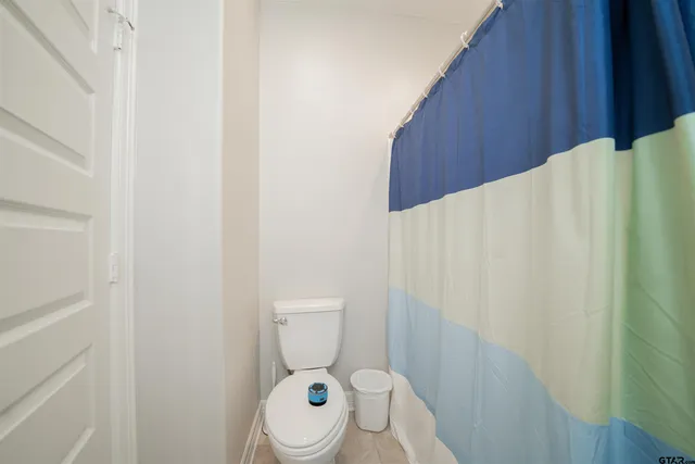 a bathroom with a toilet and a shower curtain