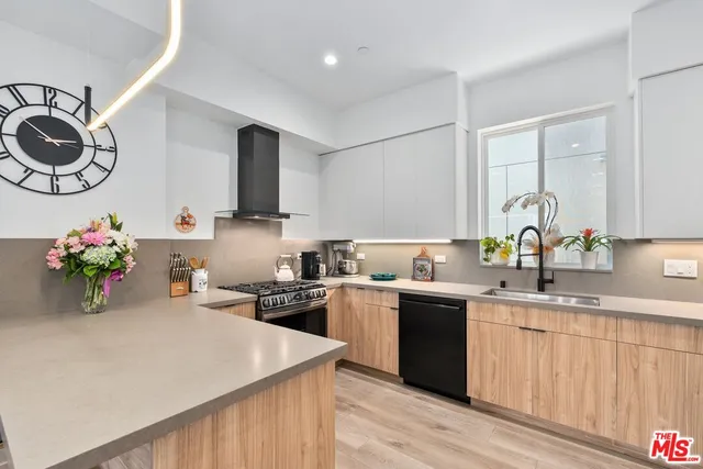 a kitchen with a sink dishwasher a stove top oven a clock and a potted plant