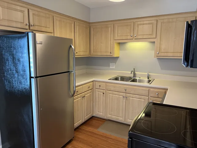 a kitchen with a refrigerator sink and cabinets