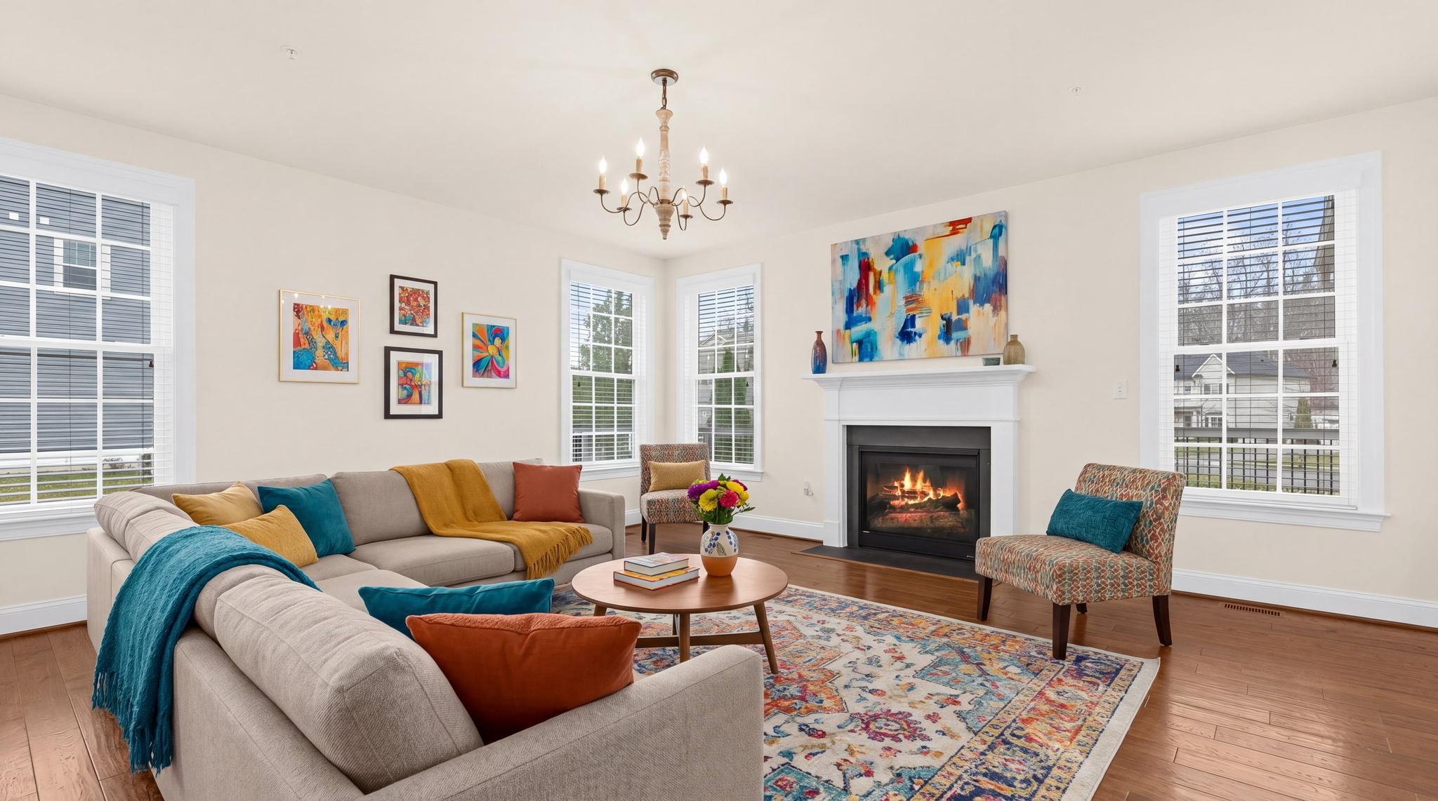 a living room with furniture a fireplace and a window
