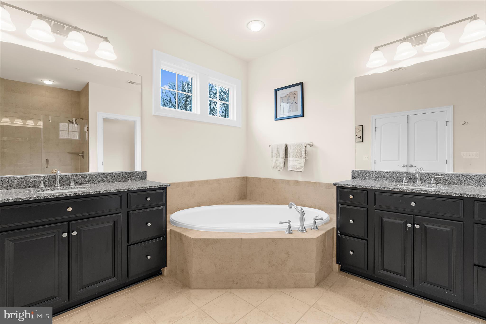 830 Sebastian Lane Gambrills, MD 21054 - Photo 25 of 63 a bathroom with a tub a double vanity sink and a large mirror