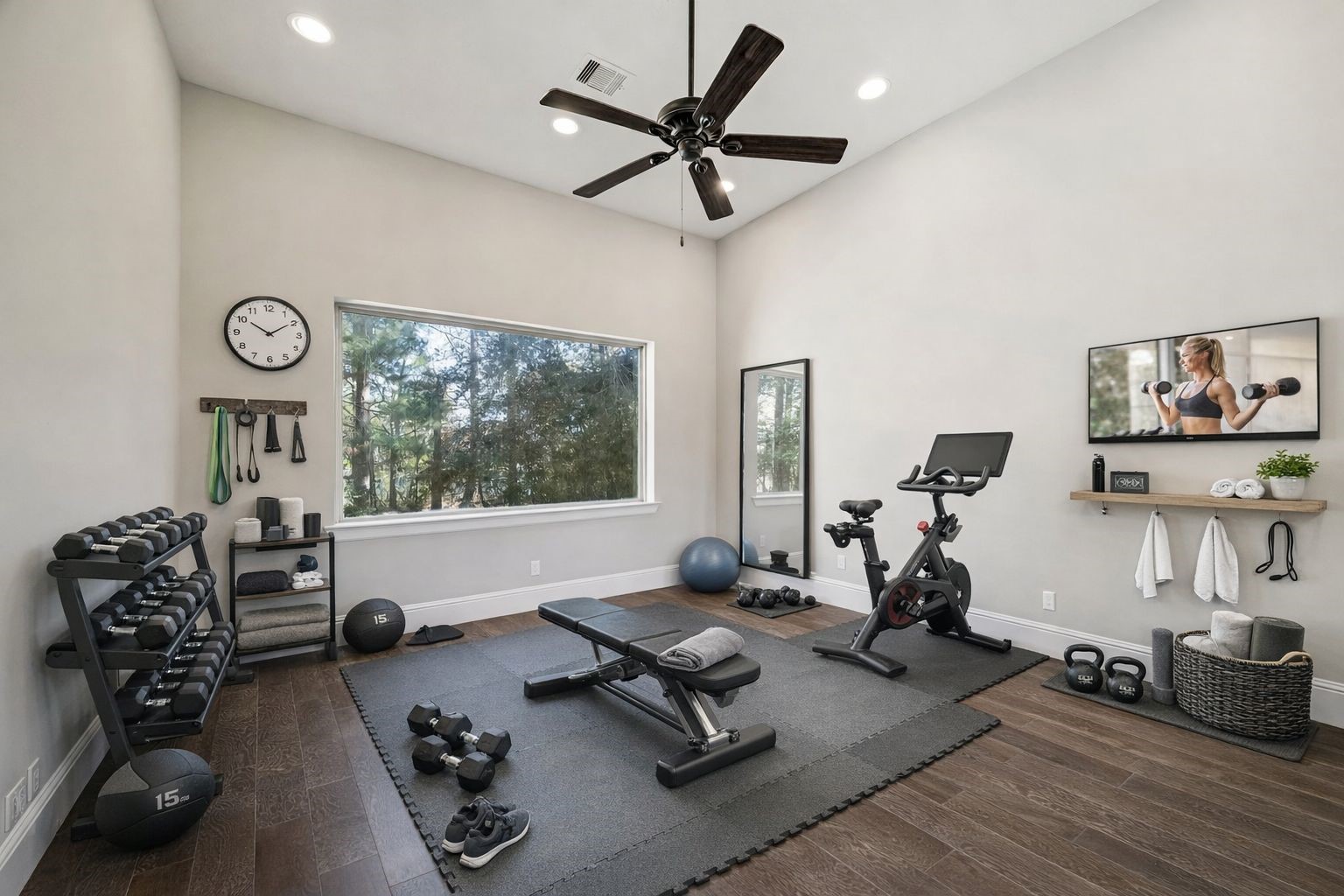 21018 Kings River Point Kingwood, TX 77346 - Photo 33 of 50 a living room with furniture a window and gym equipment