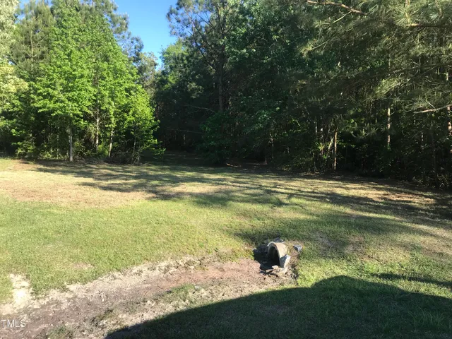 a swimming pool with lawn chairs and large trees