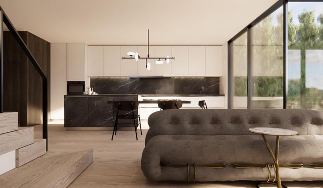 a living room with furniture and a floor to ceiling window