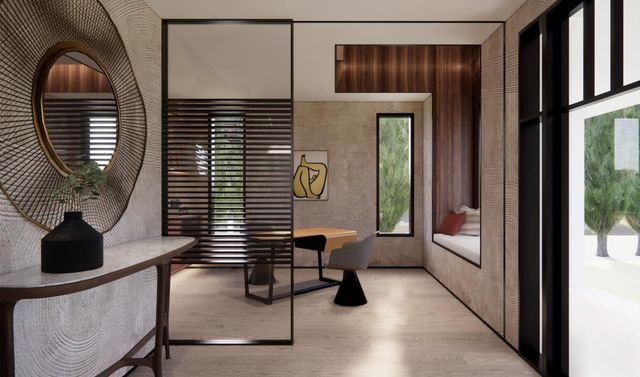 a hallway with chairs and a window