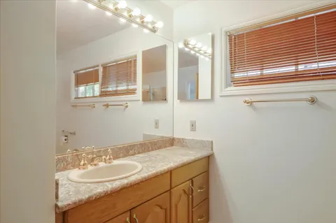 a bathroom with a sink and a mirror