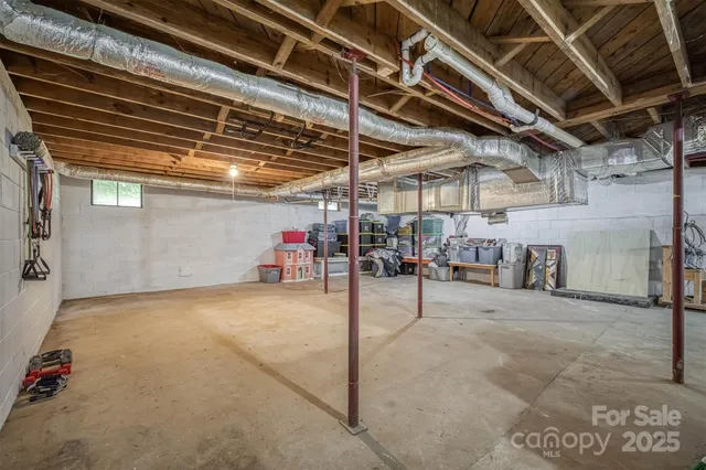 a view of a garage with storage