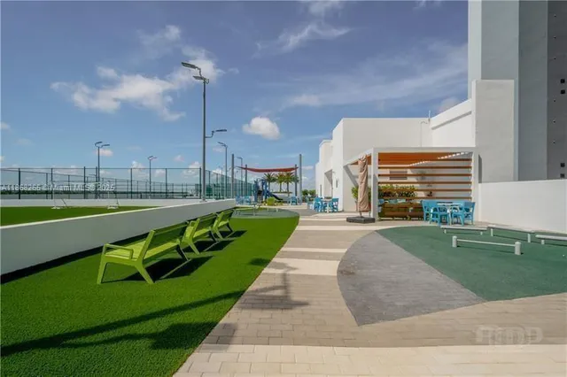 a garden view with a seating space