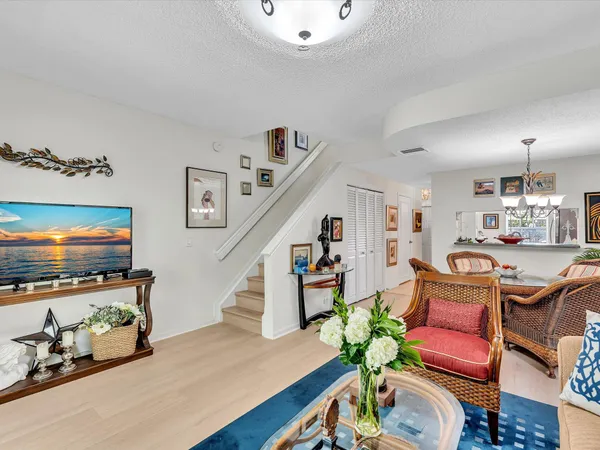 a living room with furniture potted plant and a flat screen tv