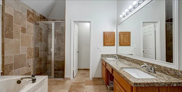 a bathroom with a granite countertop tub sink and mirror