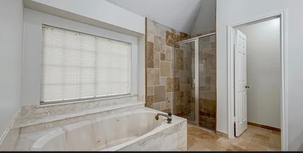 a bathroom with a bathtub and a shower