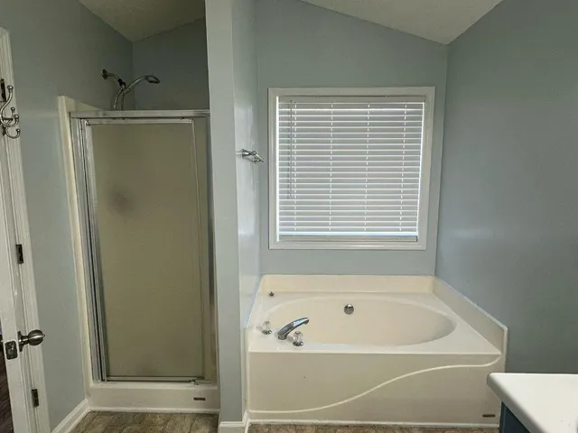 a bathroom with a bathtub and a shower