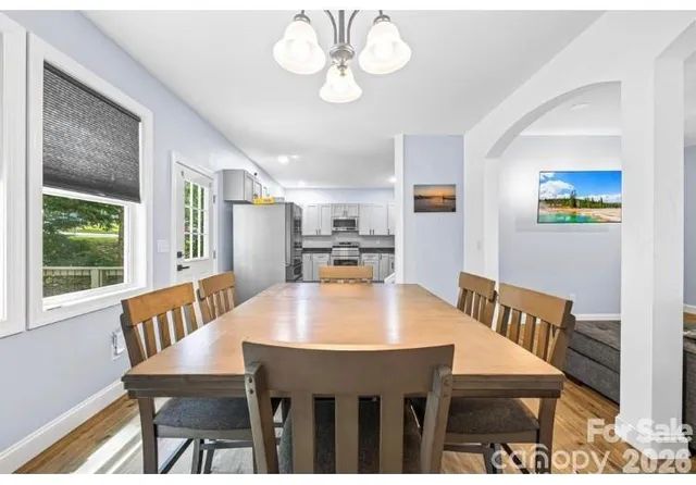 a view of a dining room with furniture window and outside view