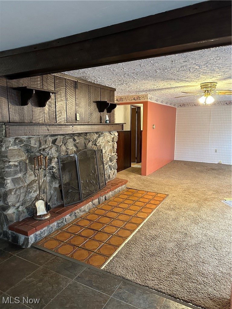 44952 Moose Ridge Road Woodsfield, OH 43793 - Photo 17 of 48 Living room featuring a stone fireplace, carpet flooring, and a ceiling fan