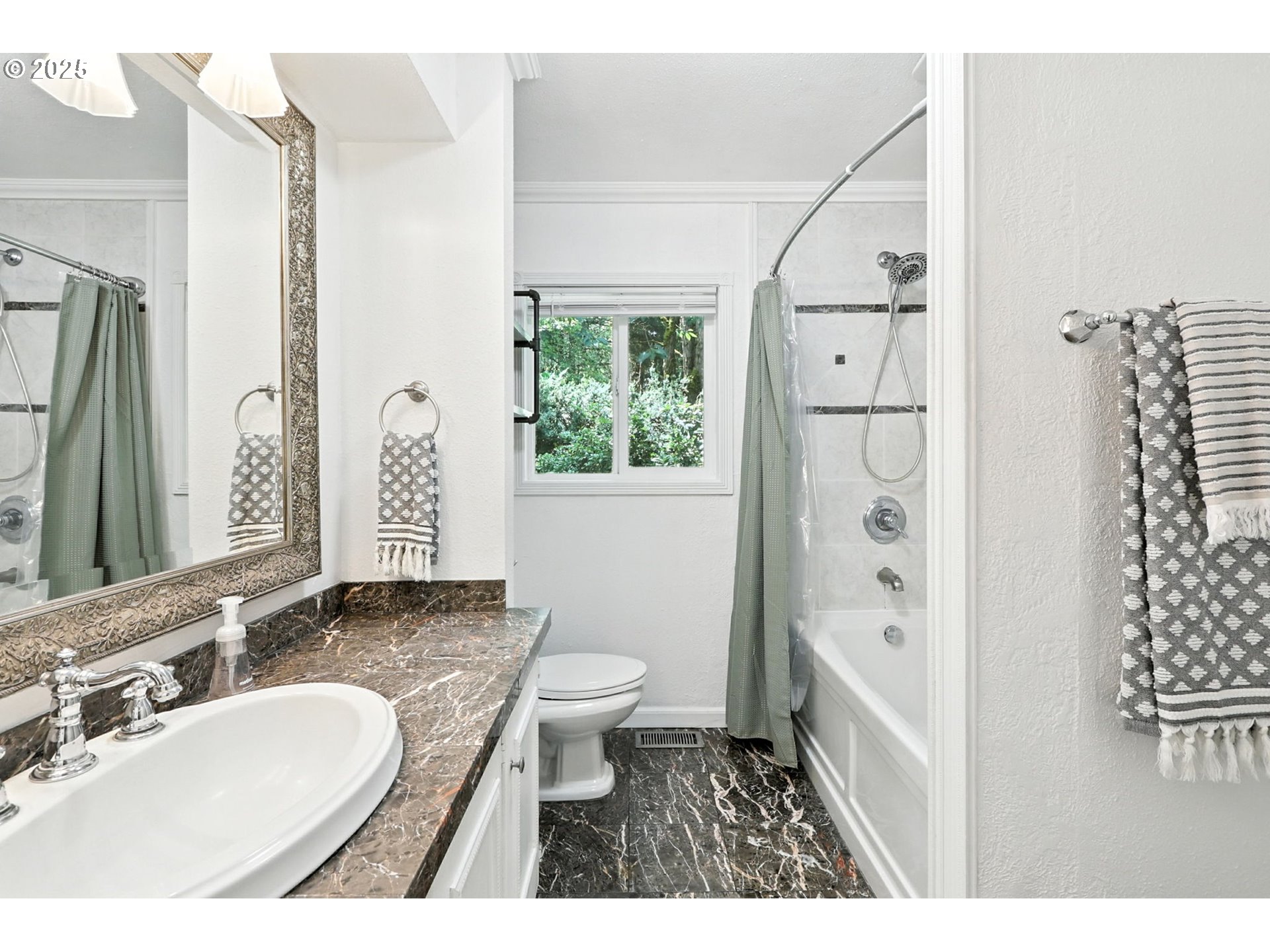 30083 Southeast Cemetery Road Estacada, OR 97023 - Photo 16 of 28 a bathroom with a granite countertop sink toilet a mirror and shower