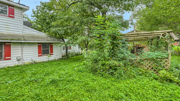 a backyard of a house with plants and large tree