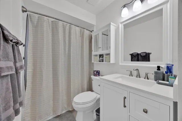 a bathroom with a sink a toilet a mirror and shower curtain