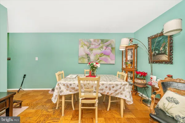 a view of a dining room with furniture
