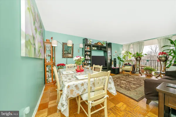 a view of a dining room with furniture