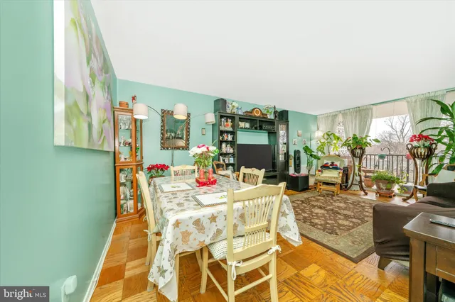a view of a dining room with furniture