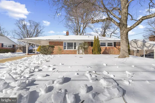 a view of a yard covered in snow