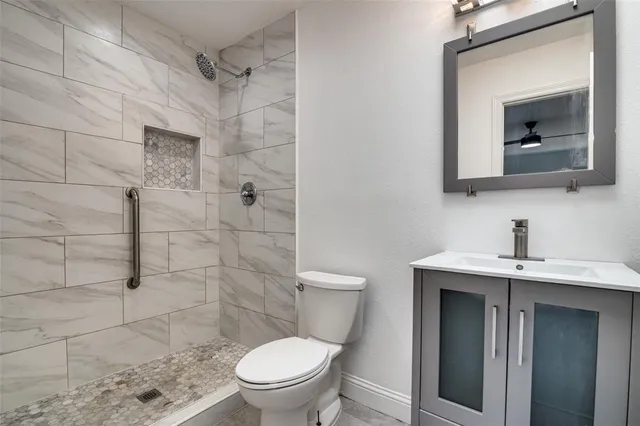 a bathroom with a toilet sink vanity and mirror