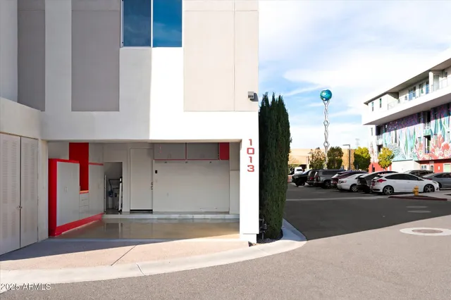 a front view of building with an entrance