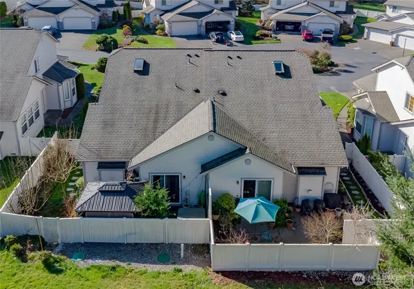 an aerial view of a house with garden