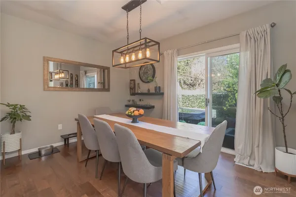 a view of a dining room with furniture window and wooden floor