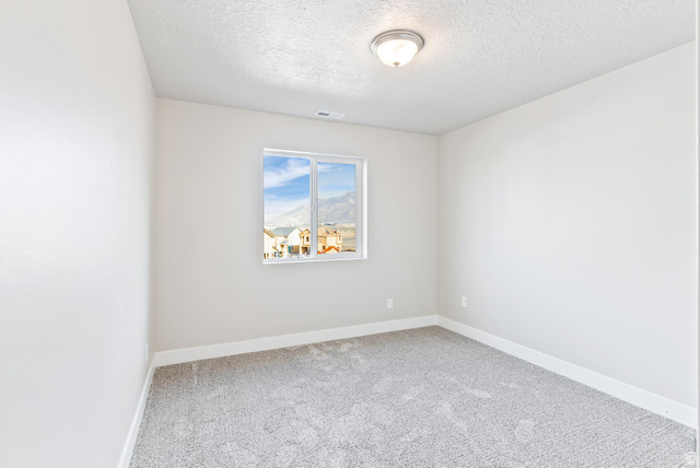387 Slant Road, Unit 30 Spanish Fork, UT 84660 - Photo 22 of 25 Bright interior space featuring a window with mountain scenery, neutral wall tones, textured ceiling, light grey carpet, and white baseboards