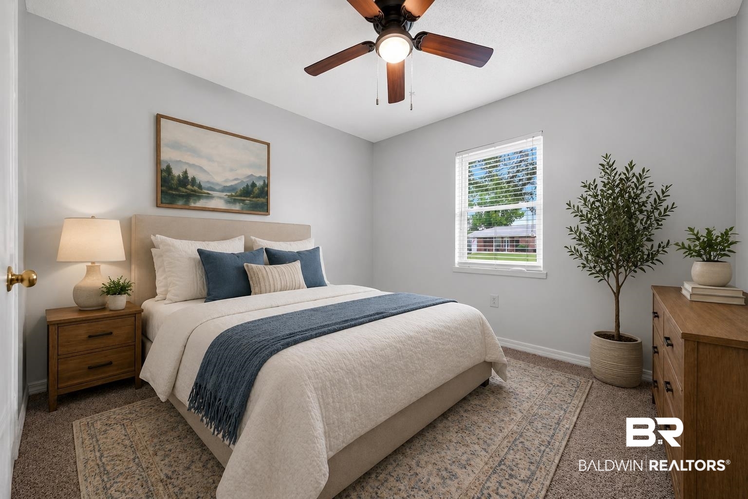 421 Cedar Court Foley, AL 36535 - Photo 32 of 39 Bedroom featuring a ceiling fan, a window with blinds, light-colored walls, and carpeting
