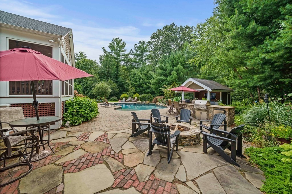 171 River Road Hanover, MA 02339 - Photo 38 of 39 a view of a patio with table and chairs under an umbrella