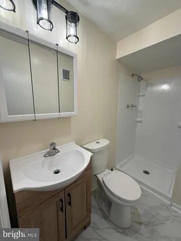 a bathroom with a sink a toilet and shower