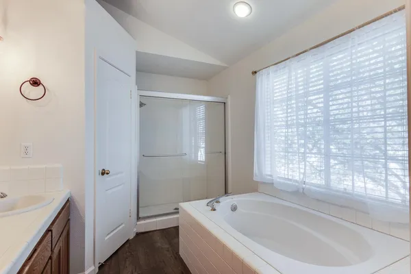 a bathroom with a tub a sink and a large window