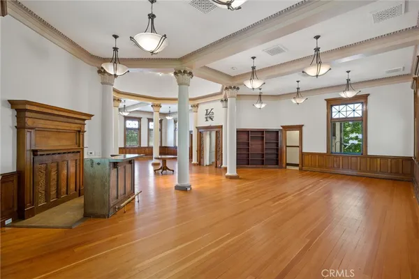 a view of an entryway with a chandelier