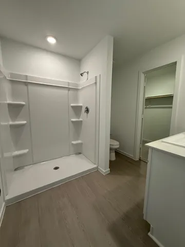 a bathroom with a shower and toilet
