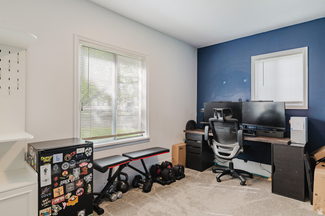 244 North 600 West Logan, UT 84321 - Photo 30 of 30 Carpeted room with a dedicated accent wall, featuring a window with horizontal blinds and a built-in shelving unit
