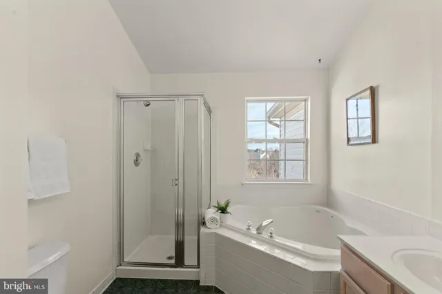 a bathroom with a tub a sink and a window