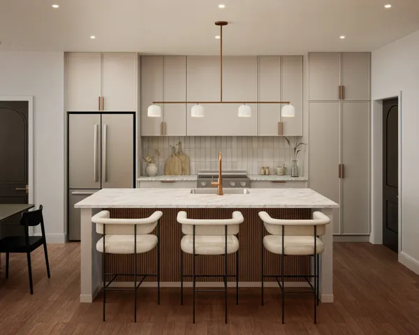 a kitchen with a table chairs refrigerator and cabinets