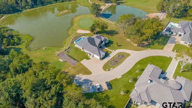 an aerial view of a swimming pool