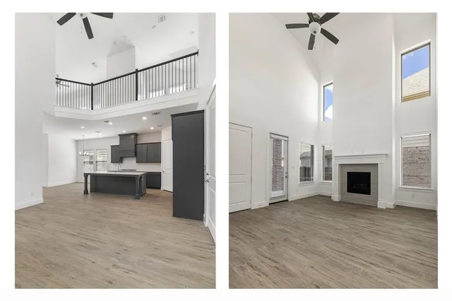 a view interior of a house and kitchen view with wooden floor