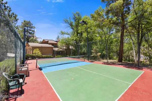 a view of a tennis ground with large trees
