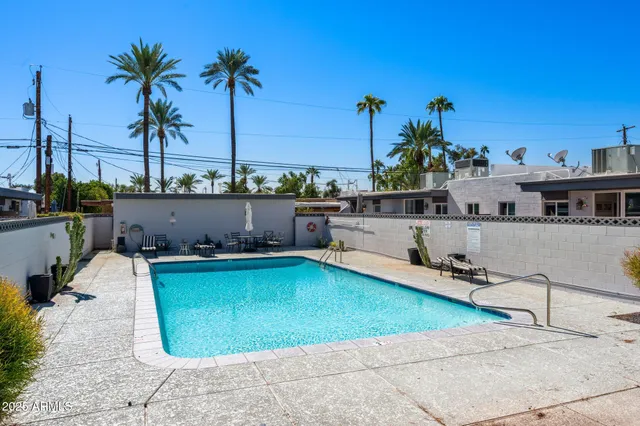 a view of a swimming pool with a lounge chairs