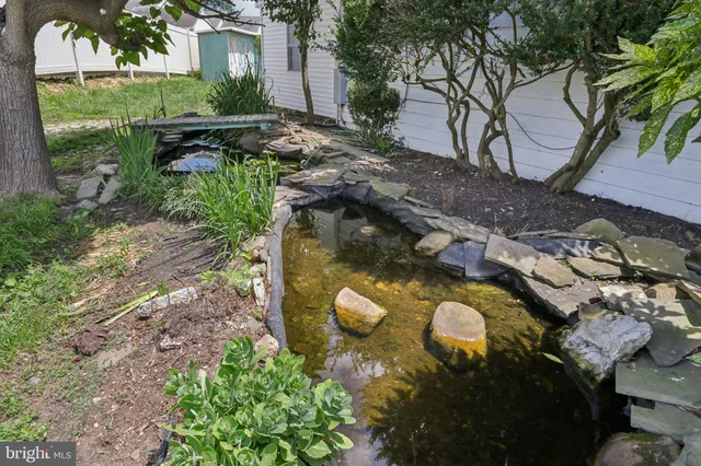 a view of a garden with a fountain