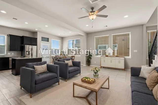 a view of kitchen with cabinets and refrigerator
