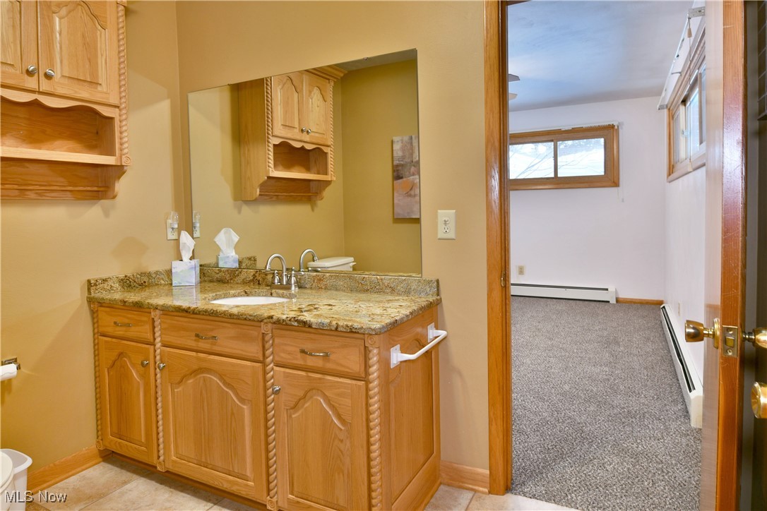 7155 Drake State Line Road Burghill, OH 44404 - Photo 19 of 50 Bathroom featuring vanity, a baseboard radiator, and light carpet