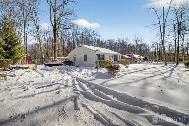 a front view of a house with a yard and large trees