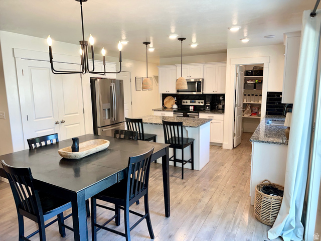 1148 290 South Logan, UT 84321 - Photo 8 of 34 Kitchen featuring white cabinetry, wood-finish flooring, stainless steel appliances, granite countertops, and black subway tile backsplash